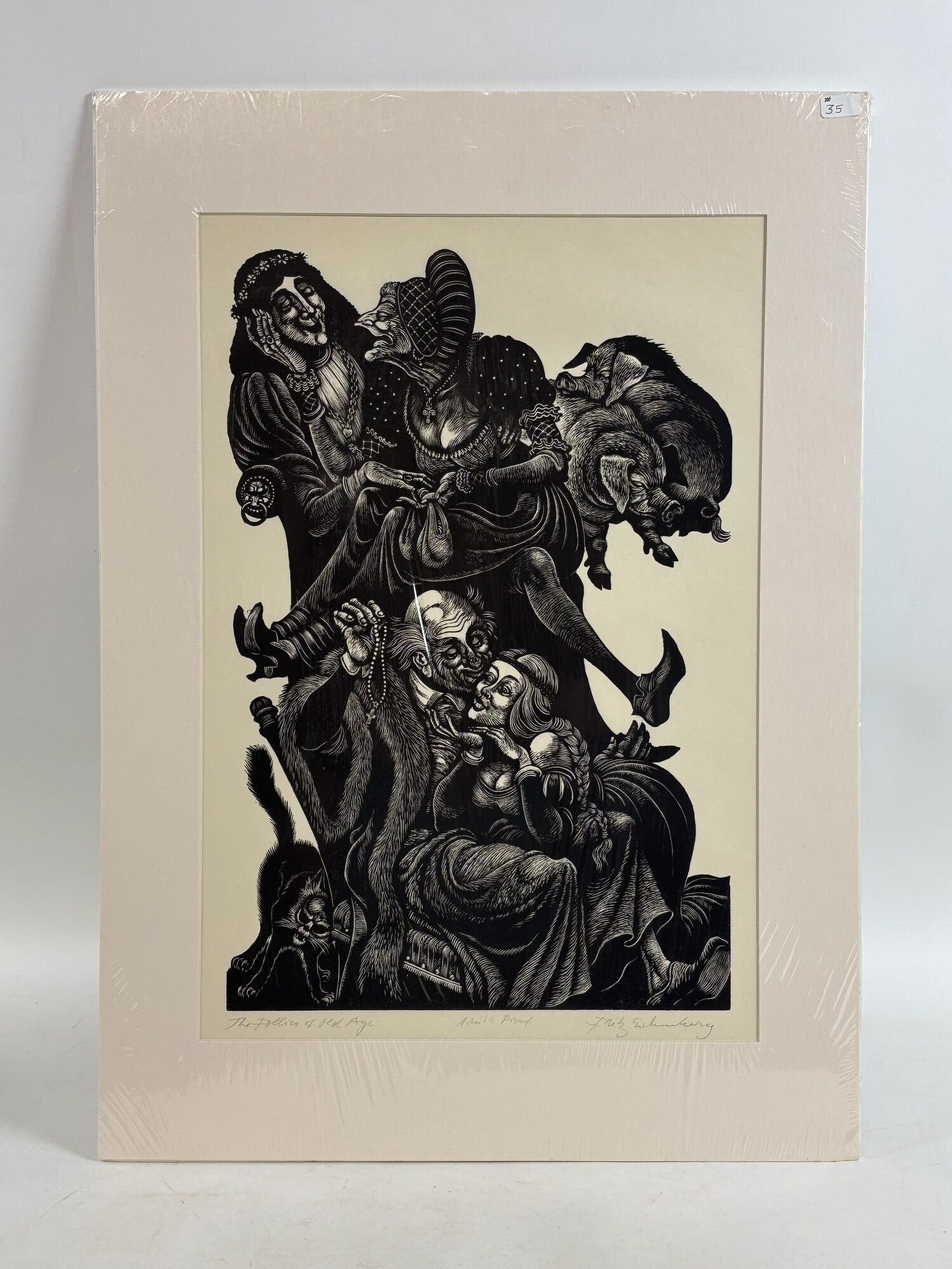 1414283 ORIGINAL WOOD ENGRAVING TITLED "THE FOLLIES OF OLD AGE" [Signed]. Fritz Eichenberg.