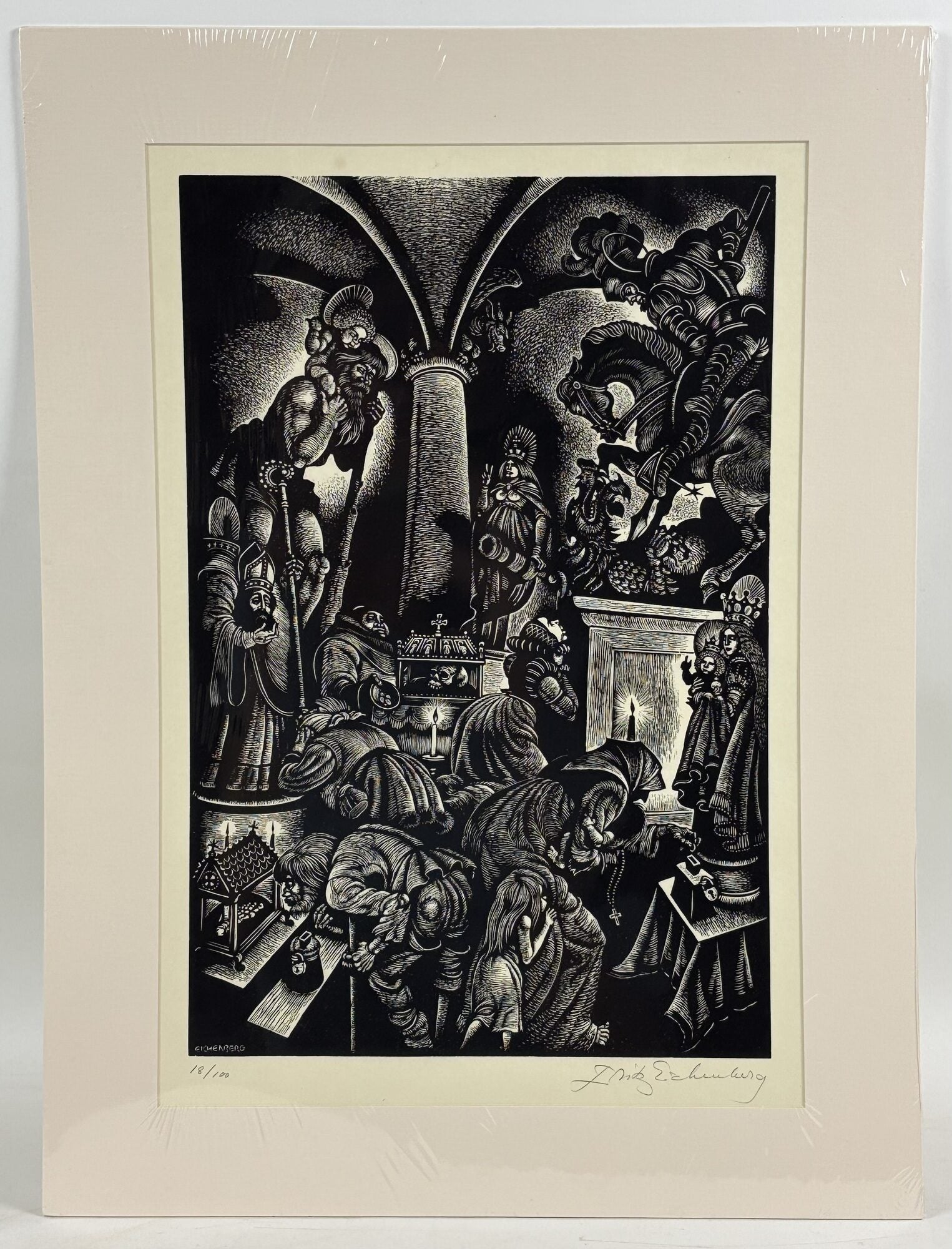 1414287 ORIGINAL WOOD ENGRAVING TITLED "THE FOLLIES OF WORSHIPPING IDOLS" [Signed]. Fritz Eichenberg.