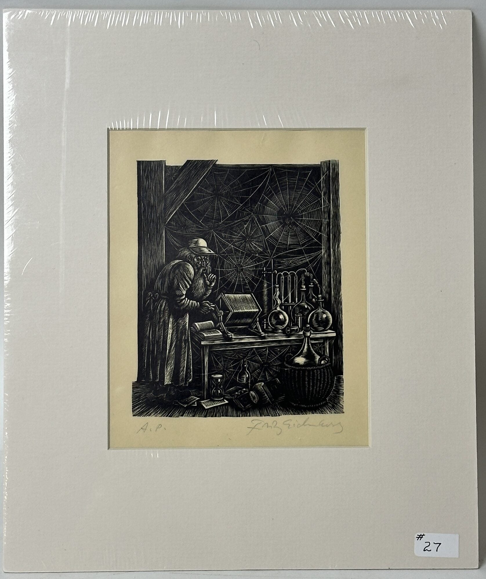 1414388 ORIGINAL WOOD ENGRAVING "THE CHEMIST" [Signed]. Fritz Eichenberg.