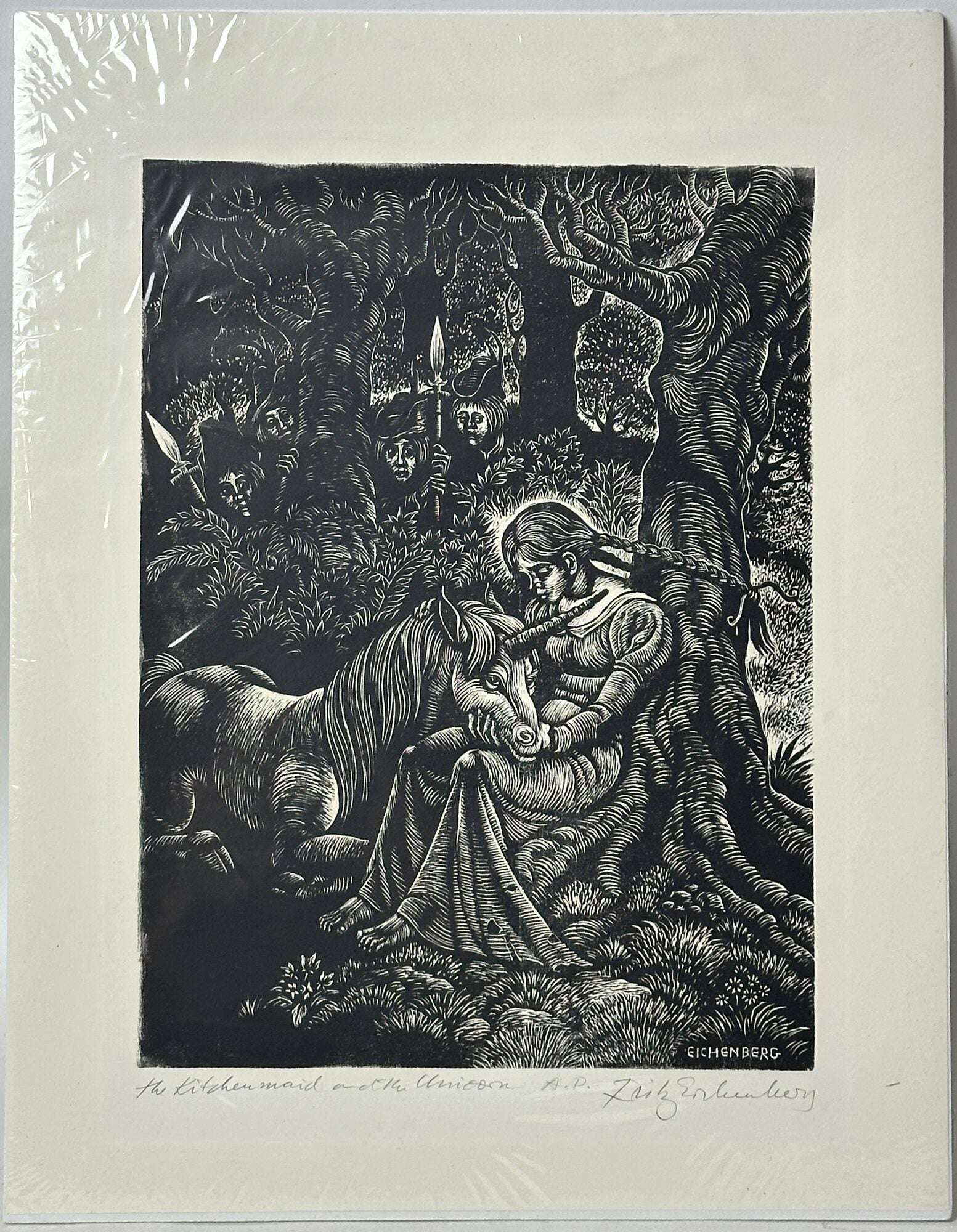 1414409 ORIGINAL WOOD ENGRAVING "THE KITCHEN MAID AND THE UNICORN" A.P. (Signed). Fritz Eichenberg.