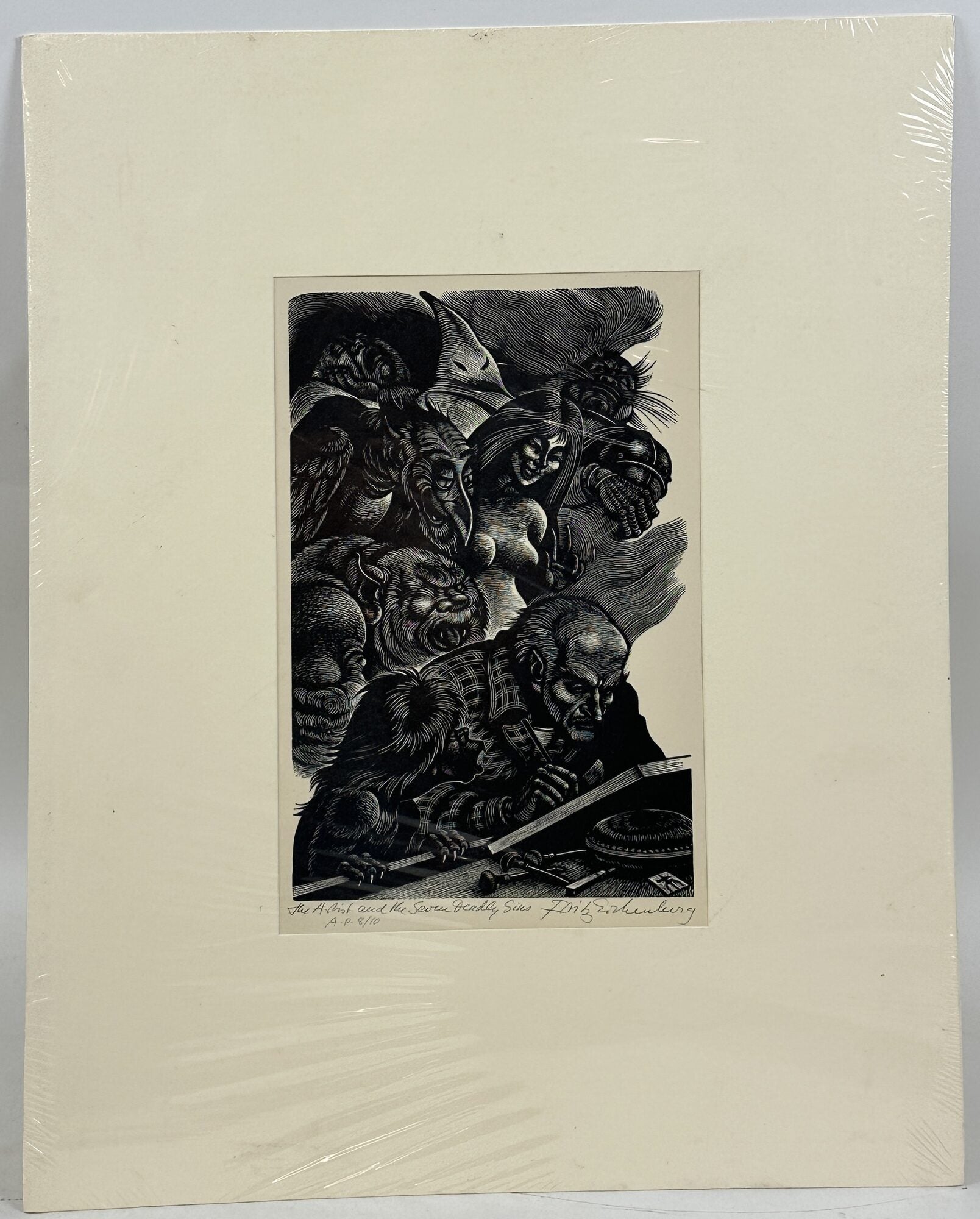 1414415 ORIGINAL WOOD ENGRAVING TITLED "THE ARTIST AND THE SEVEN DEADLY SINS" A.P. [Signed]. Fritz Eichenberg.