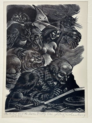 ORIGINAL WOOD ENGRAVING TITLED "THE ARTIST AND THE SEVEN DEADLY SINS" A.P. [Signed]