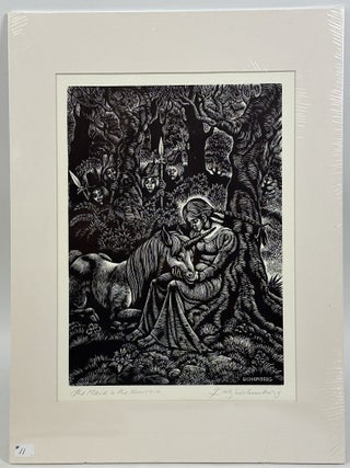 1414418 ORIGINAL WOOD ENGRAVING TITLED "THE MAID AND THE UNICORN" [Signed]. Fritz...