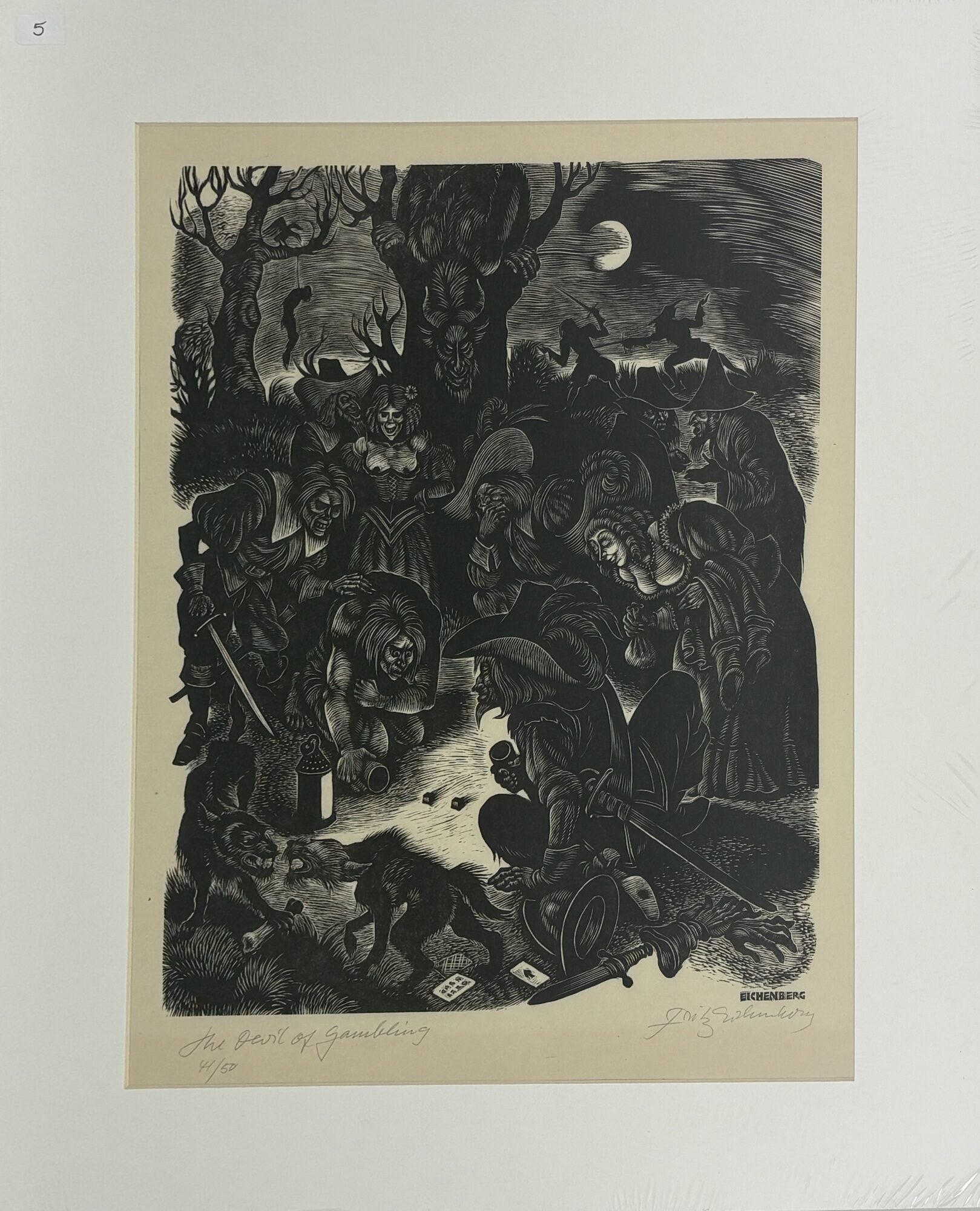 1414472 ORIGINAL WOOD ENGRAVING "THE DEVIL OF GAMBLING" [Signed]. Fritz Eichenberg.