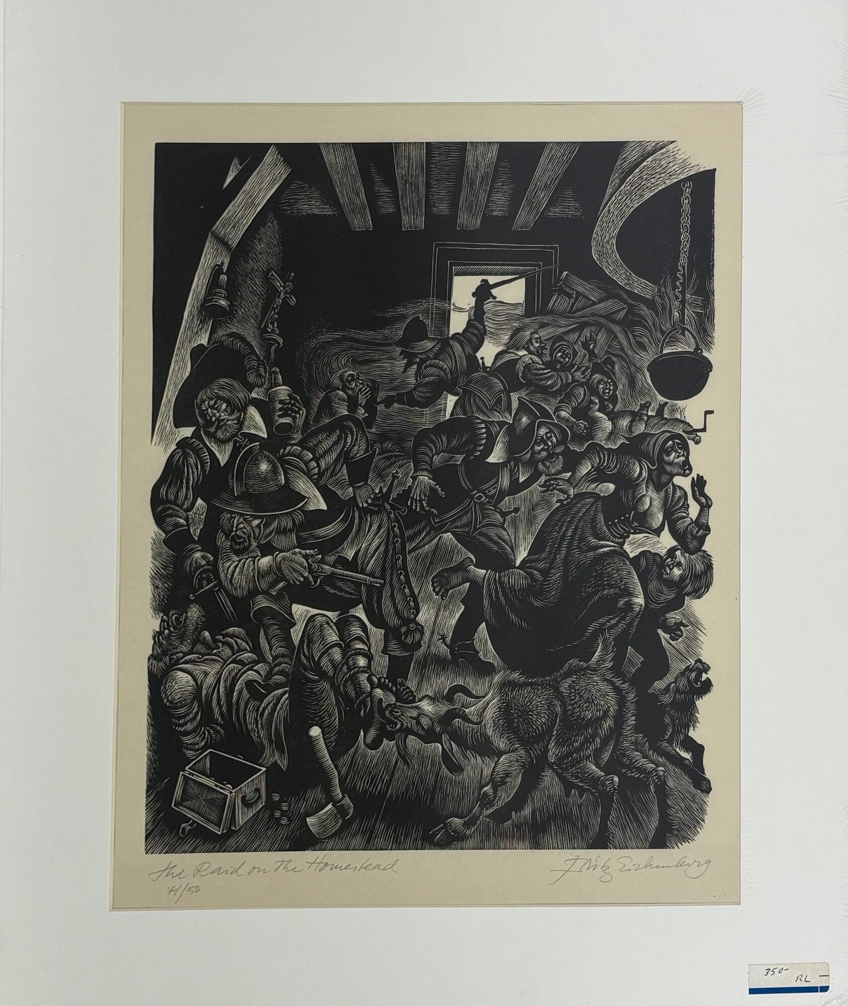 1414473 ORIGINAL WOOD ENGRAVING "THE RAID ON THE HOUSESTEAD" [Signed]. Fritz Eichenberg.