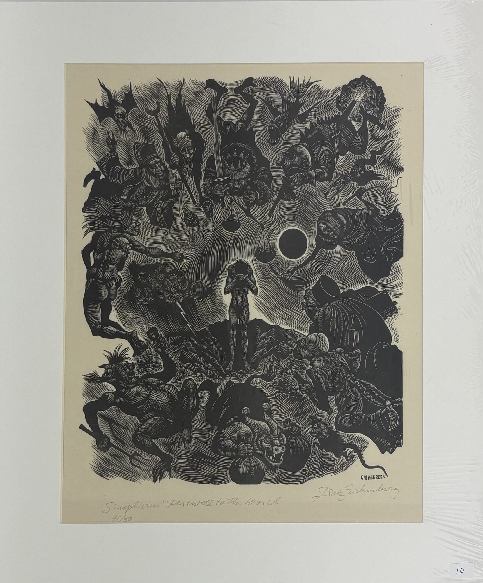 1414522 ORIGINAL WOOD ENGRAVING "SIMPLICIUS' FAREWELL TO THE WORLD" [Signed]. Fritz Eichenberg.