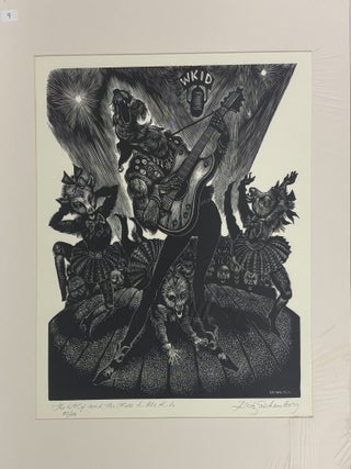 1414567 ORIGINAL WOOD ENGRAVING "THE WOLF AND THE THREE LITTLE KIDS" [Signed]. Fritz...