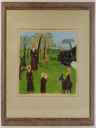 1415010 ORIGINAL MIXED MEDIA PAINTING OF MONKS IN ORCHARD [Signed]. David Courlander
