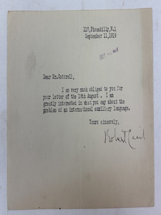 1415033 ROBERT CECIL | SIGNED LETTER TO FREDERICK GARDNER COTTRELL. Frederick Gardner Cottrell,...
