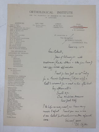 1415042 CHARLES KAY OGDEN | SIGNED LETTER TO FREDERICK GARDNER COTTRELL. Charles Kay Ogden,...
