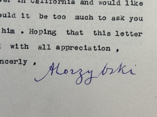 ALFRED KORZYBSKI | SIGNED LETTER TO FREDERICK GARDNER COTTRELL