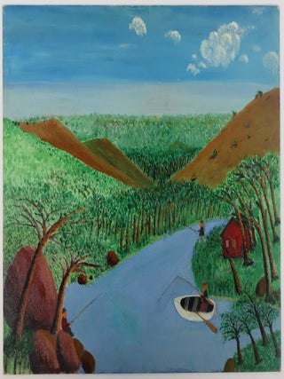 ORIGINAL PAINTING FISHING AT A MOUNTAIN LAKE