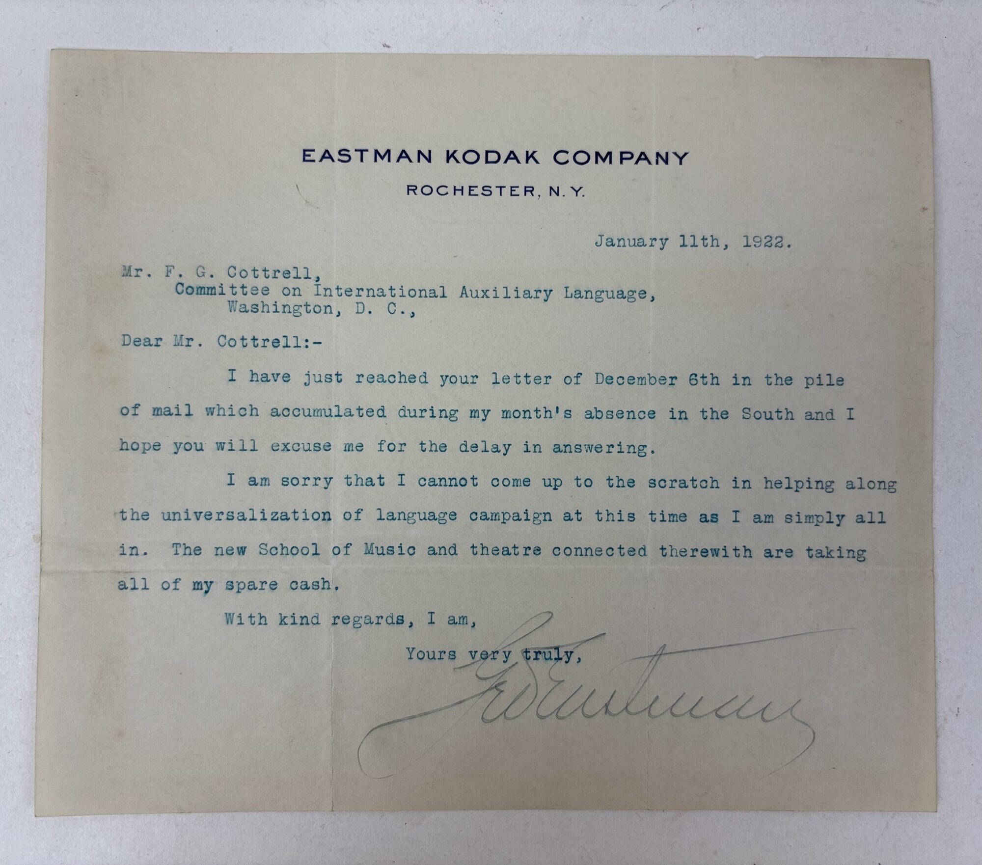 1415054 GEORGE EASTMAN | SIGNED LETTER TO FREDERICK GARDNER COTTRELL. George Eastman, Frederick Gardner Cottrell.