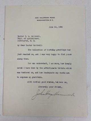 1415058 JOHN HAYS HAMMOND | SIGNED LETTER TO FREDERICK GARDNER COTTRELL. John Hays Hammond,...