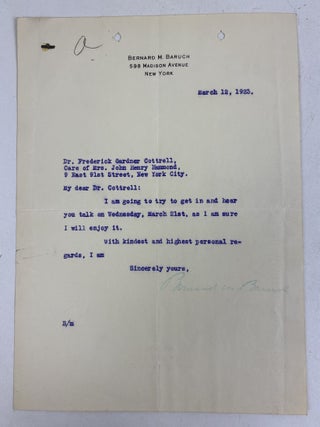 1415060 BERNARD BARUCH | SIGNED LETTER TO FREDERICK GARDNER COTTRELL. Bernard M. Baruch,...