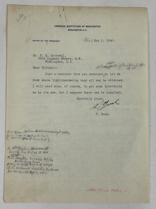 1415062 FREDERICK GARDNER COTTRELL | SIGNED CORRESPONDENCE WITH VANNEVAR BUSH. Vannevar Bush,...