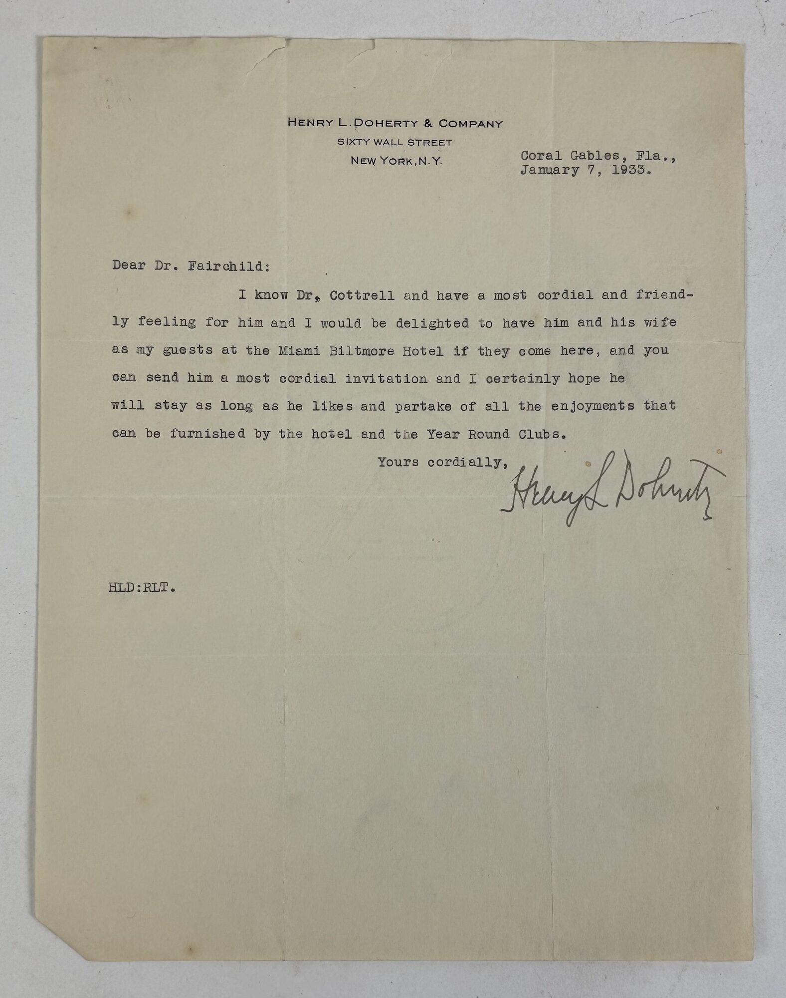 1415063 HENRY DOHERTY | SIGNED LETTER REGARDING FREDERICK GARDNER COTTRELL. Henry L. Doherty, Frederick Gardner Cottrell.