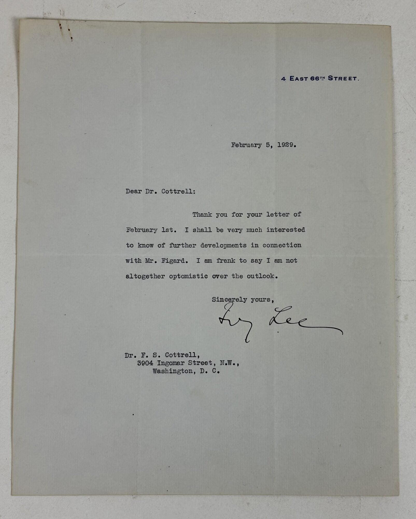 1415064 IVY LEE | SIGNED LETTER TO FREDERICK GARDNER COTTRELL. Ivy Lee, Frederick Gardner Cottrell.