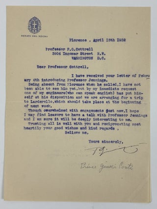 1415065 PRINCE GINORI CONTI | SIGNED LETTER TO FREDERICK GARDNER COTTRELL. Piero Ginori Conti,...