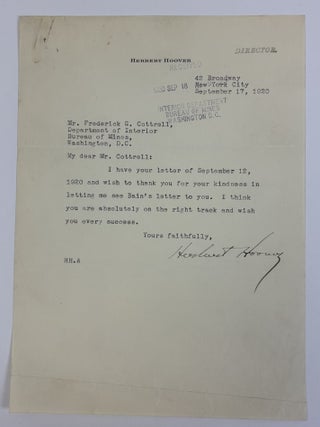 1415081 PRESIDENT HERBERT HOOVER | SIGNED LETTER TO FREDERICK GARDNER COTTRELL. Herbert Hoover,...