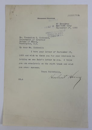 1415081 PRESIDENT HERBERT HOOVER | SIGNED LETTER TO FREDERICK GARDNER COTTRELL. Herbert Hoover,...