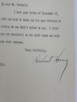 PRESIDENT HERBERT HOOVER | SIGNED LETTER TO FREDERICK GARDNER COTTRELL