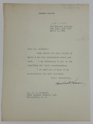 1415082 PRESIDENT HERBERT HOOVER | SIGNED LETTER TO FREDERICK GARDNER COTTRELL. Herbert Hoover,...