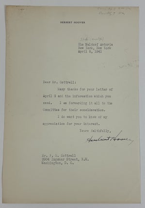 1415082 PRESIDENT HERBERT HOOVER | SIGNED LETTER TO FREDERICK GARDNER COTTRELL. Herbert Hoover,...