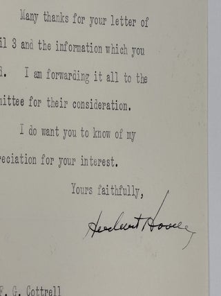 PRESIDENT HERBERT HOOVER | SIGNED LETTER TO FREDERICK GARDNER COTTRELL