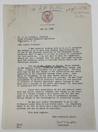 1415093 KARL COMPTON | SIGNED LETTER TO FREDERICK GARDNER COTTRELL. Karl T. Compton, Frederick...