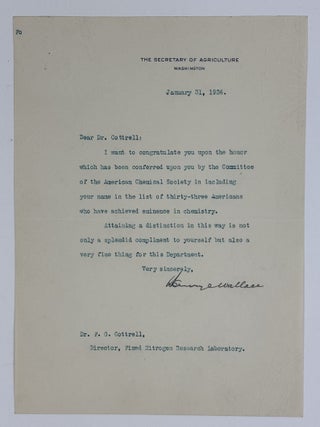 1415094 HENRY WALLACE | SIGNED LETTER TO FREDERICK GARDNER COTTRELL. Henry Wallace, Frederick...
