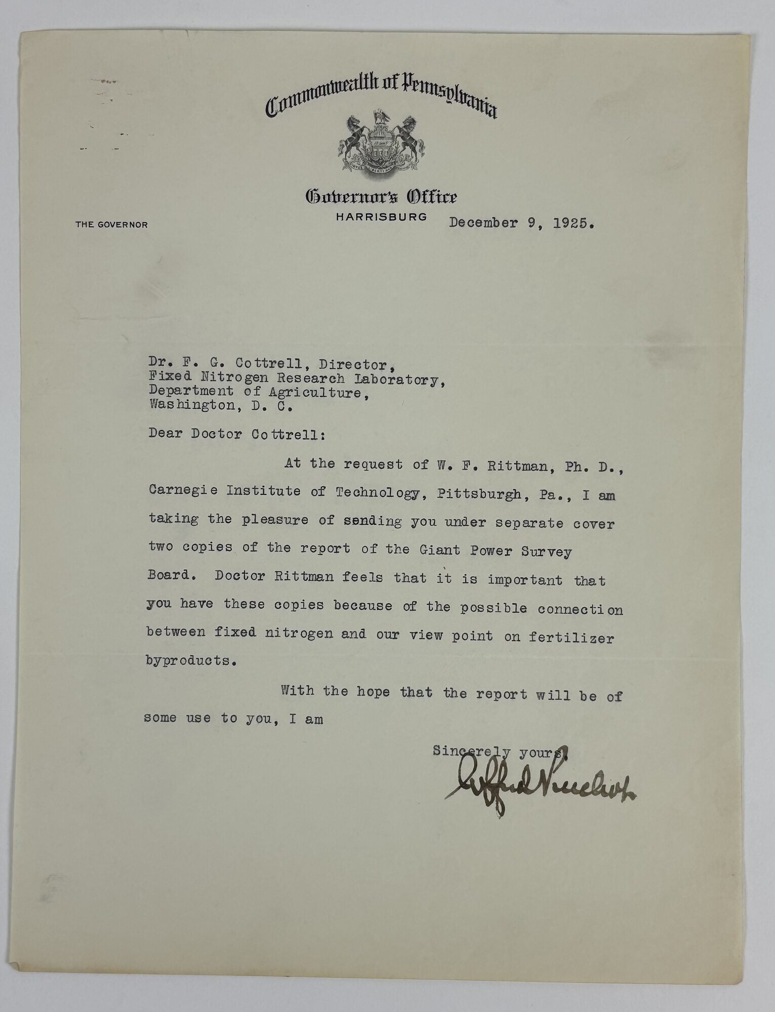 1415096 GILBERT PINCHOT | SIGNED LETTER TO FREDERICK GARDNER COTTRELL. Gilford Pinchot, Frederick Gardner Cottrell.
