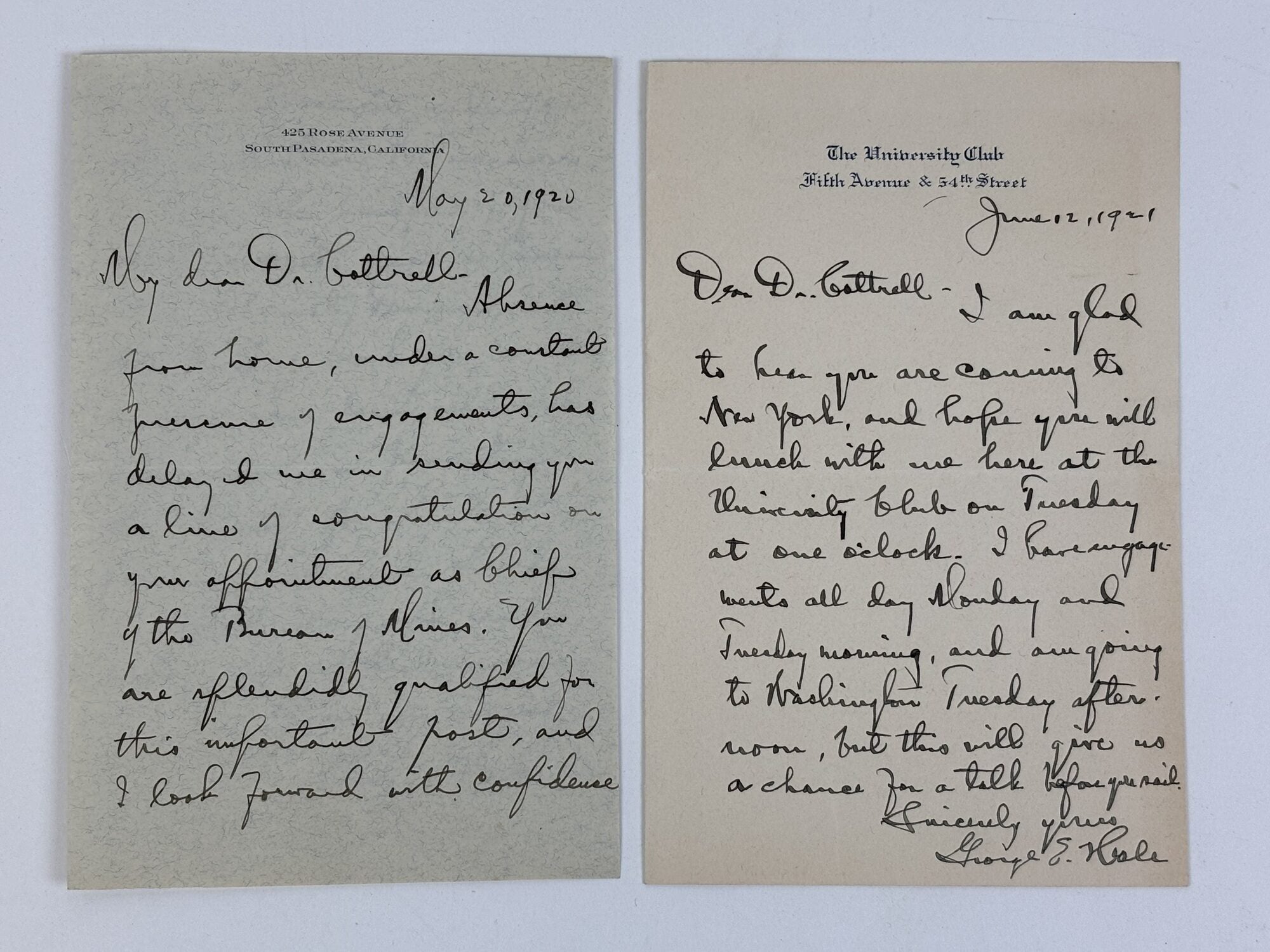 1415112 GEORGE HALE | SIGNED LETTERS TO FREDERICK GARDNER COTTRELL. George E. Hale, Frederick Gardner Cottrell.