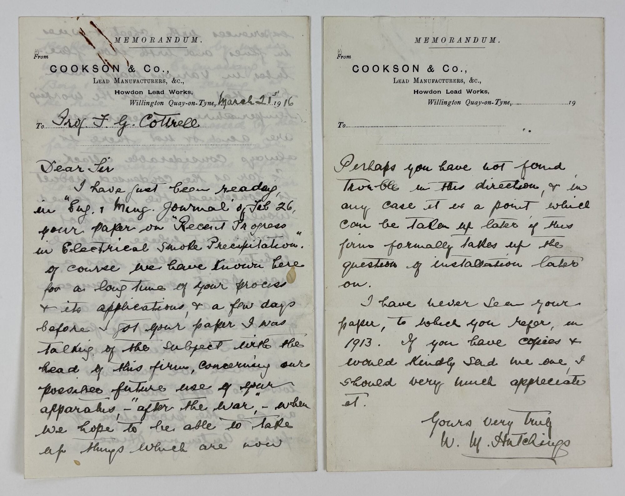 1415121 W.M. HUTCHINGS | SIGNED LETTER TO FREDERICK GARDNER COTTRELL. W. M Hutchings, Frederick Gardner Cottrell.