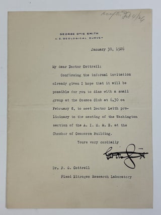 1415125 GEORGE OTIS SMITH | SIGNED LETTER TO FREDERICK GARDNER COTTRELL. George Otis Smith,...