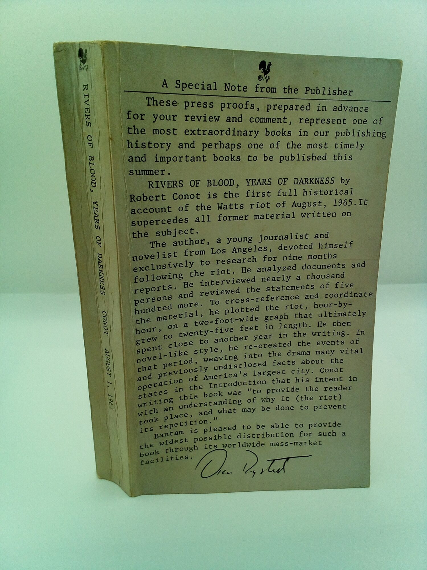 1415539 RIVERS OF BLOOD, YEARS OF DARKNESS [ADVANCED READING COPY]. Robert Conot.