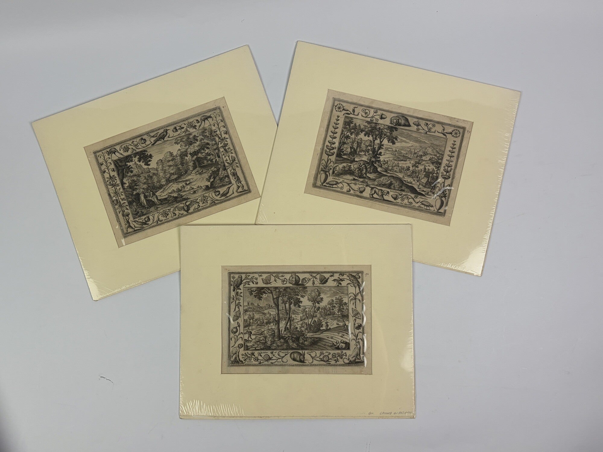 1418932 LOT OF THREE ETCHINGS FROM THE SERIES "LANDSCAPES WITH OLD AND NEW TESTAMENT SCENES AND HUNTING SCENES". Adriaen Collaert, Hans Bol.